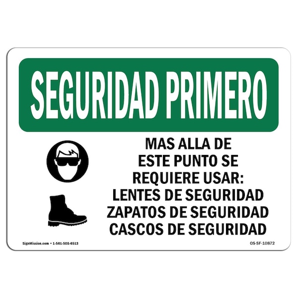 OSHA Sign, Glasses Shoes Spanish, 18in X 12in Aluminum, 18" W, 12" H, Landscape